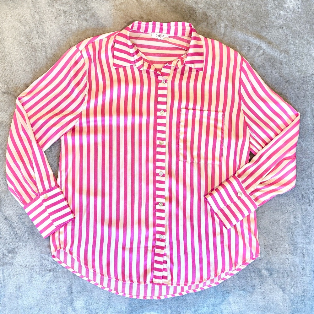GeeGee Pink Striped Silky Collared Blouse (Small)